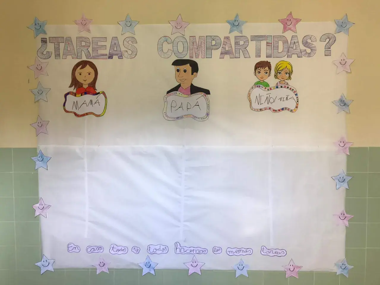 Póster sobre "Tareas Compartidas" con dibujos de mamá, papá y niños. Ideal para actividades del Día de la Mujer, promoviendo la equidad en casa.