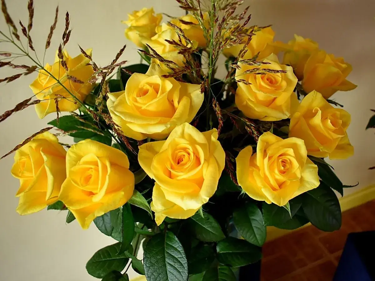 Un ramo de rosas amarillas, símbolo de amistad y alegría. El significado de la rosa amarilla se refleja en su vibrante color.