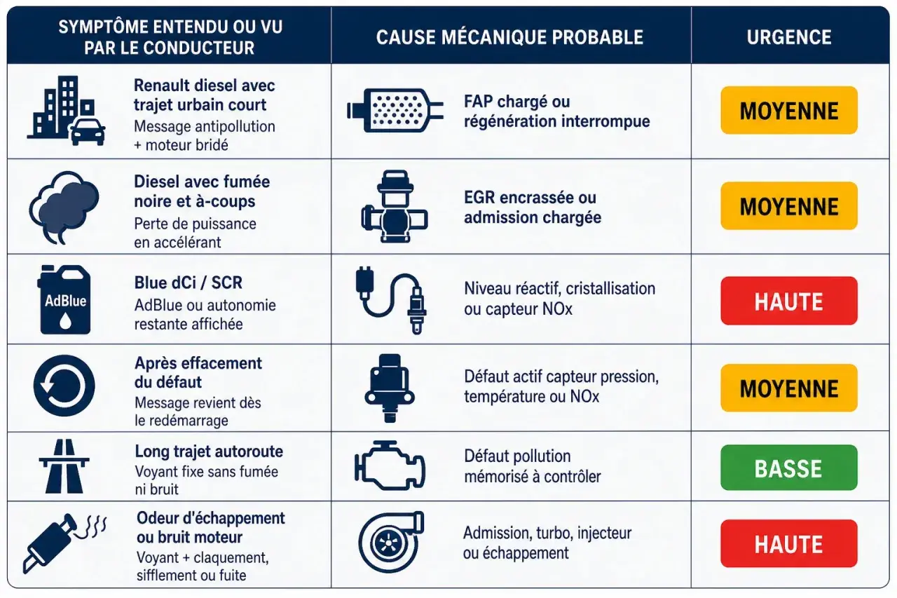 Tableau des symptômes de dysfonctionnement du système SCR, causes probables et urgence.