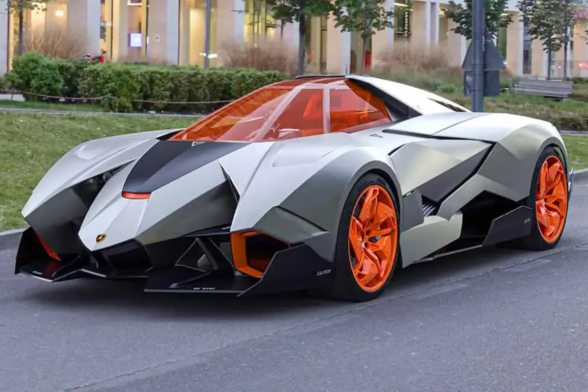 Futuristischer Lamborghini Egoista mit orangefarbenem Cockpit und Felgen. Der Lamborghini Egoista Preis ist astronomisch.