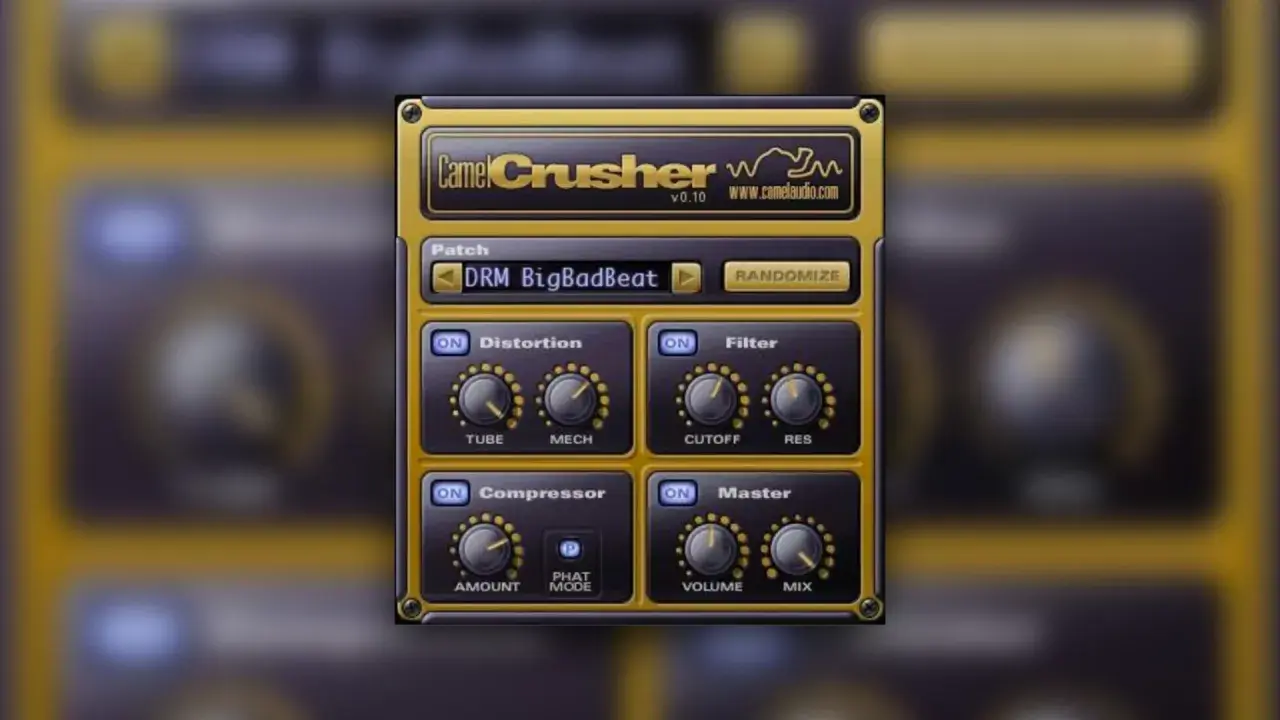 Camel Crusher audio plugin interface with knobs for distortion, filter, compressor, and master. The "DRM BigBadBeat" patch is selected.