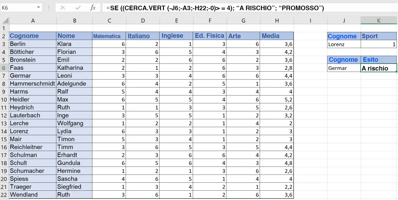 Foglio Excel con voti studenti. La formula "=SE(CERCA.VERT...)" indica che il file Excel è troppo pesante per essere elaborato.