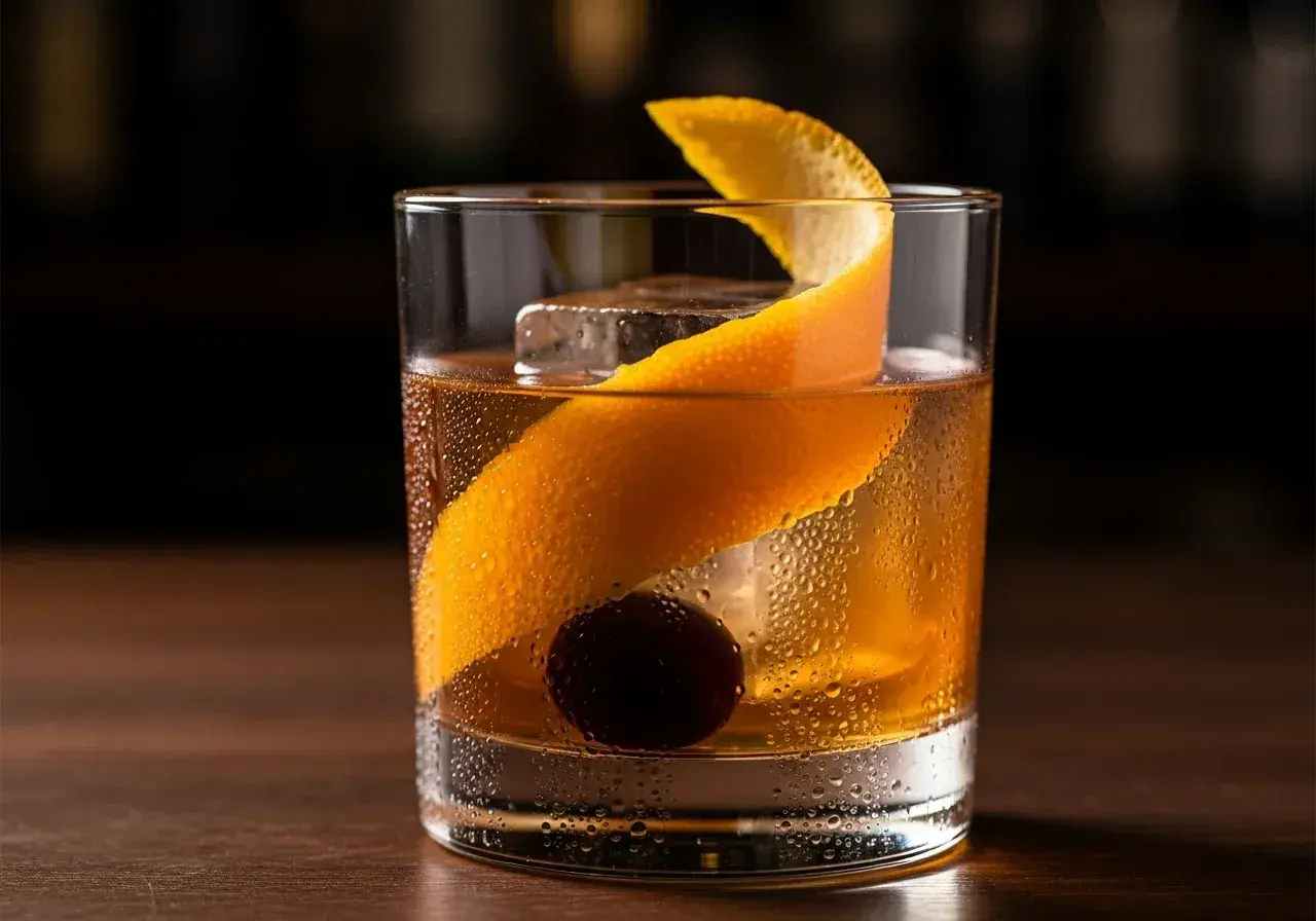 En old fashioned-drink med is, apelsinskal och körsbär.
