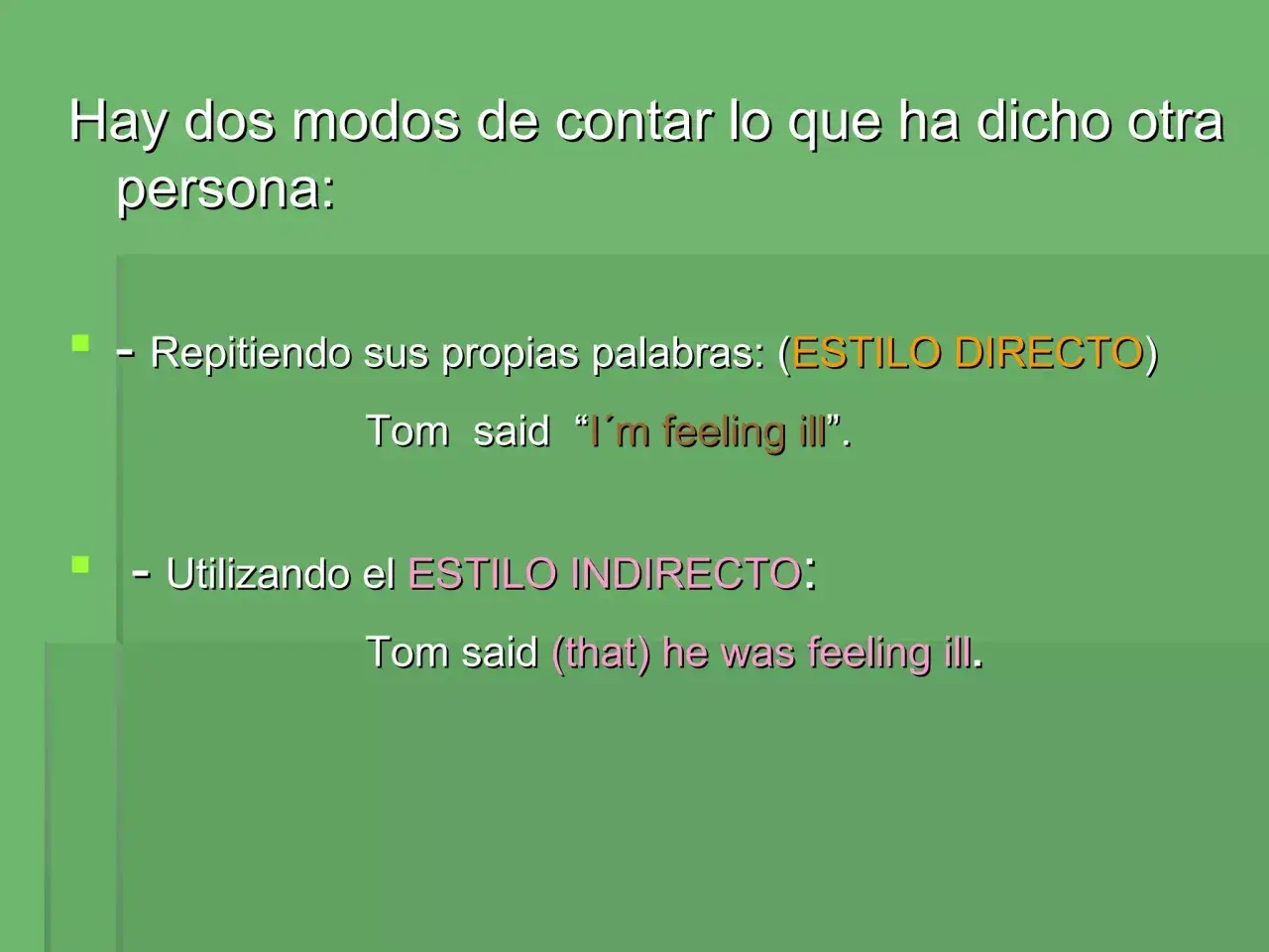 Explica qué es reported speech con ejemplos de estilo directo e indirecto, como "Tom said 'I'm feeling ill'" y "Tom said he was feeling ill".