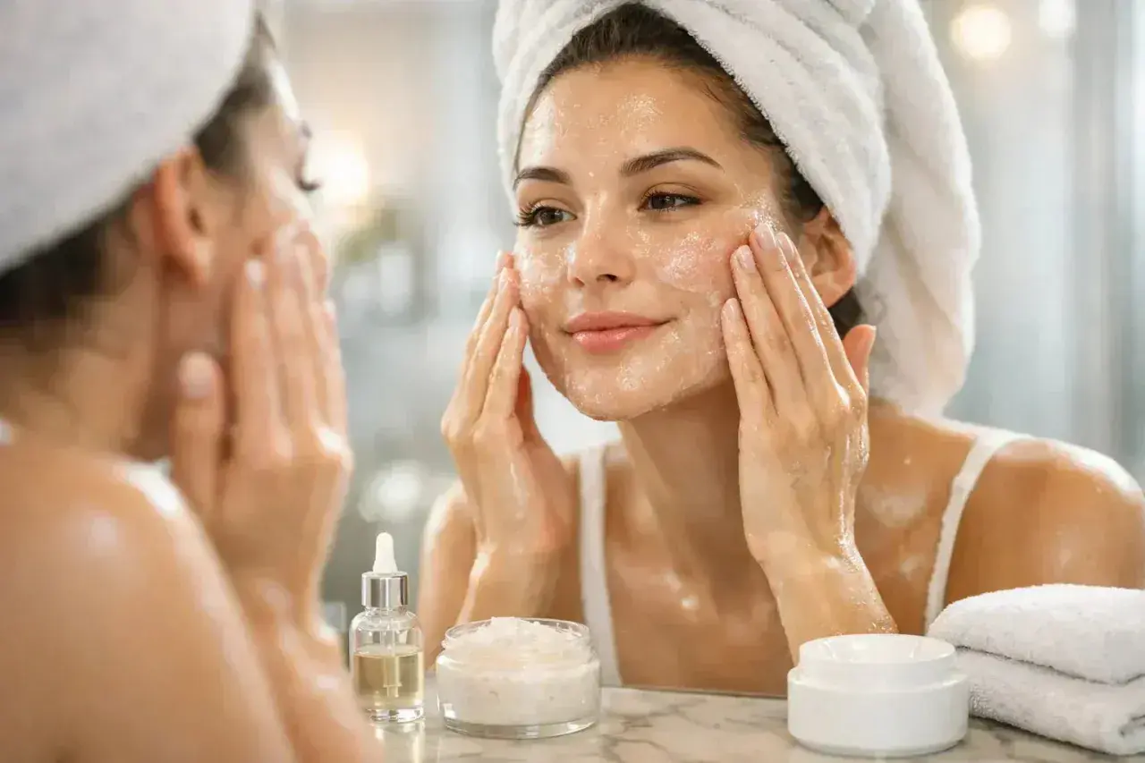 Une femme applique un exfoliant sur son visage, devant un miroir. Des produits de soin sont disposés sur le lavabo.
