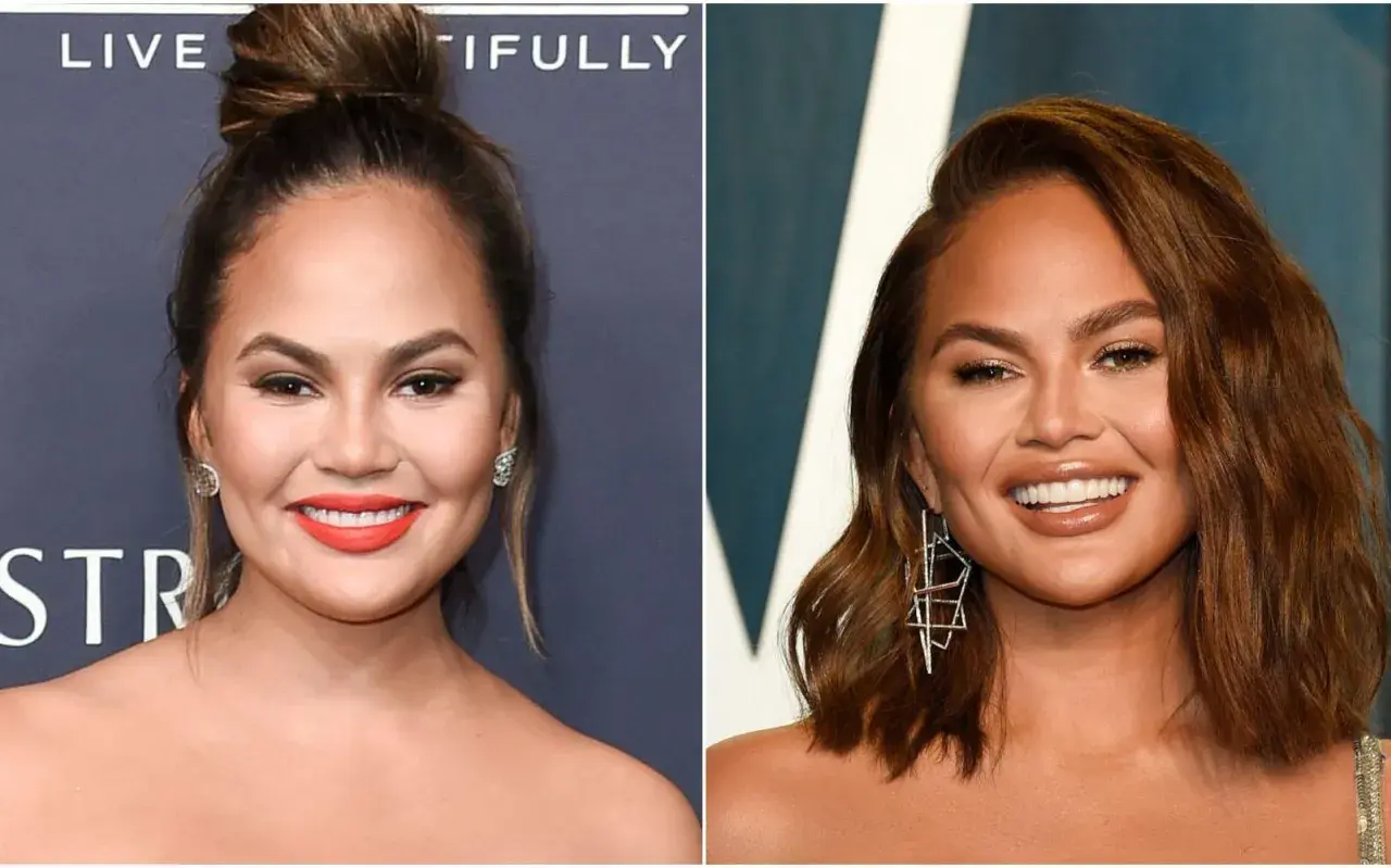 Chrissy Teigen med olika frisyrer och sminkningar. Hon ser ut att ha lyckats bli av med fett i ansiktet.