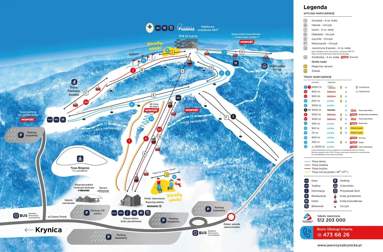 Mapa krynica zdrój stoki narciarskie: trasy, wyciągi, parkingi i atrakcje.
