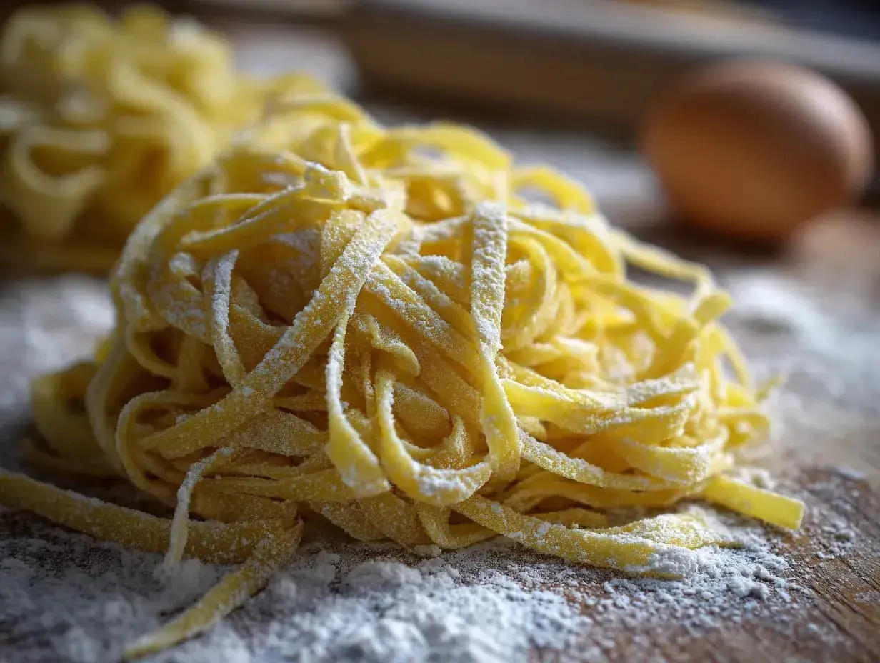 Nystekta, egengjord pasta på ett mjölat träbord. Ett ägg syns i bakgrunden, redo att bli en del av den hemlagade magin.