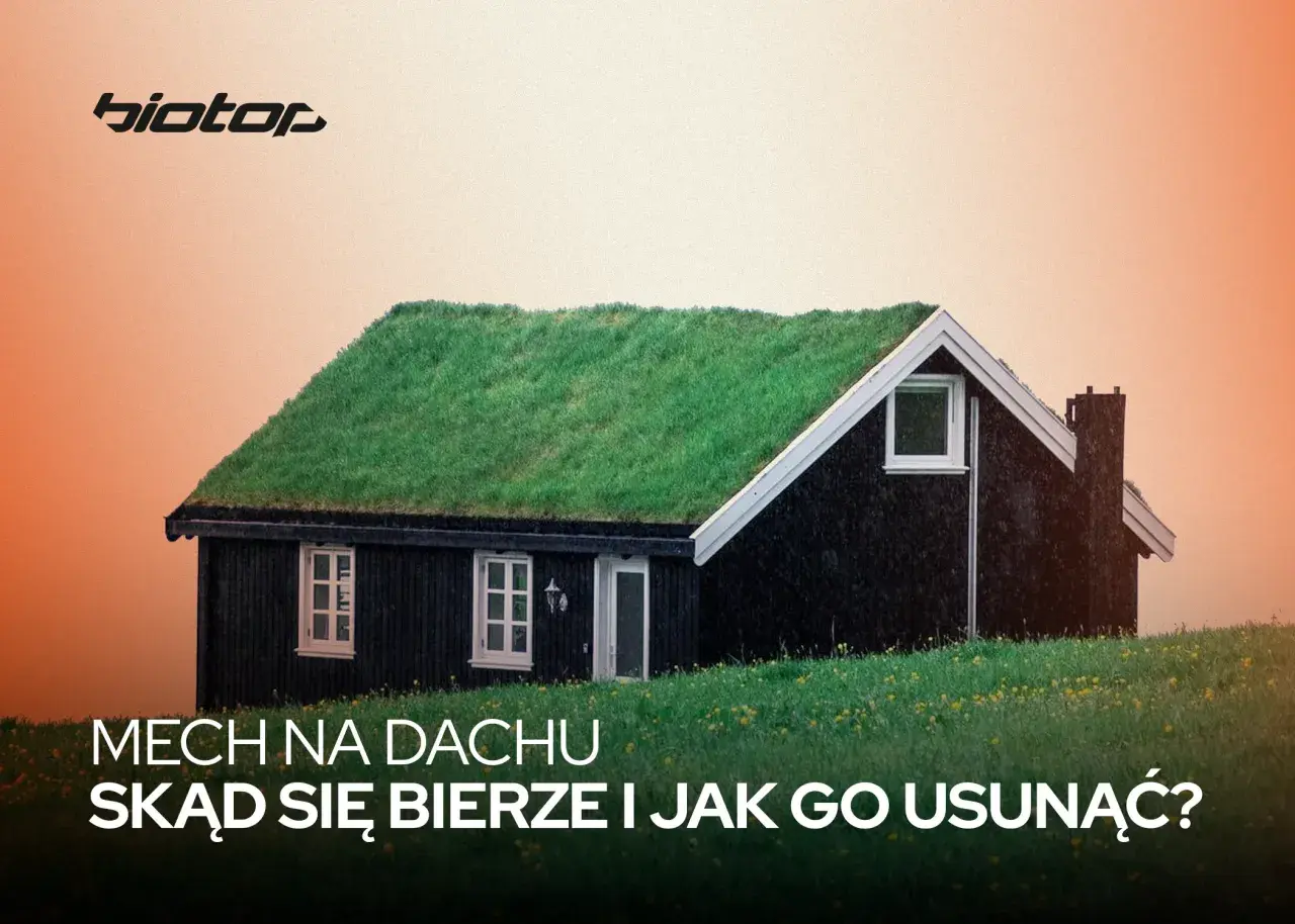 Czarny domek z zielonym dachem porośniętym trawą. Tekst pyta o mech na dachu i jak go usunąć, sugerując rozwiązanie antymech.