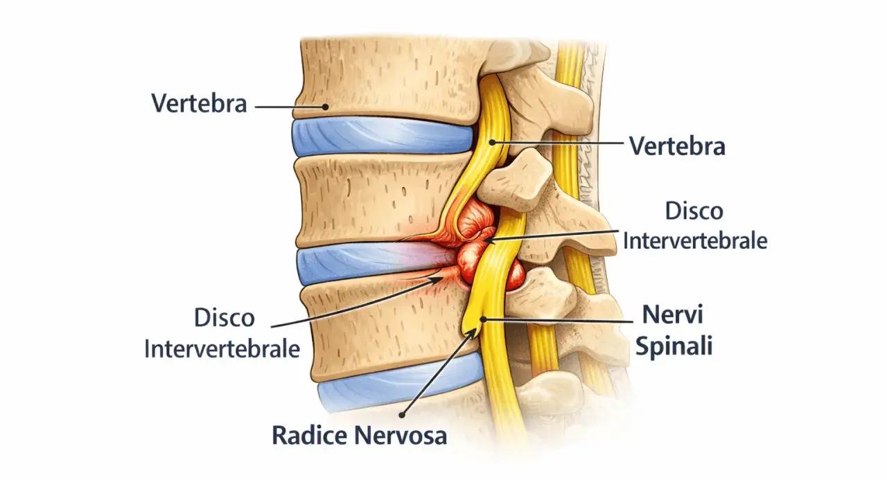 Compressione di una radice nervosa da ernia discale, causa comune di sintomi sciatica gamba destra.