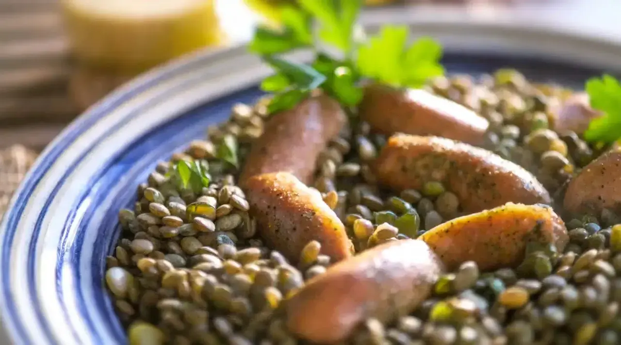 Un plat de lentilles saucisses, garni de persil frais, servi dans une assiette bleue et blanche.