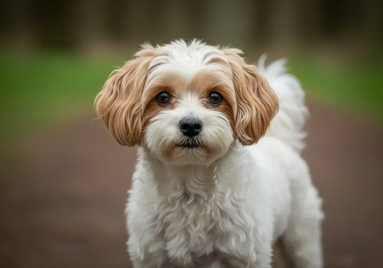 Ein Maltipoo, ein süßer Hund mit weißem und braunem Fell, blickt neugierig in die Kamera.