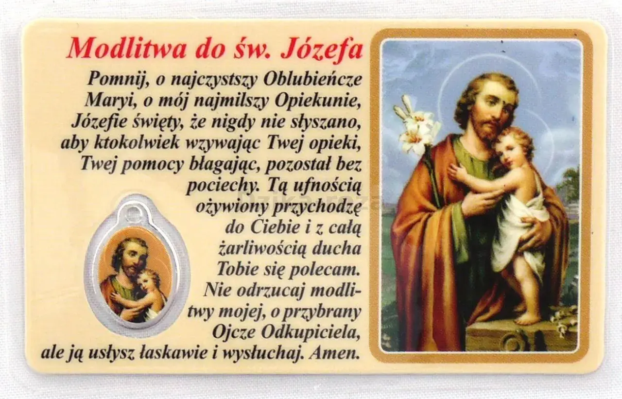 Modlitwa do św. Józefa z wizerunkiem świętego tulącego Dzieciątko Jezus.