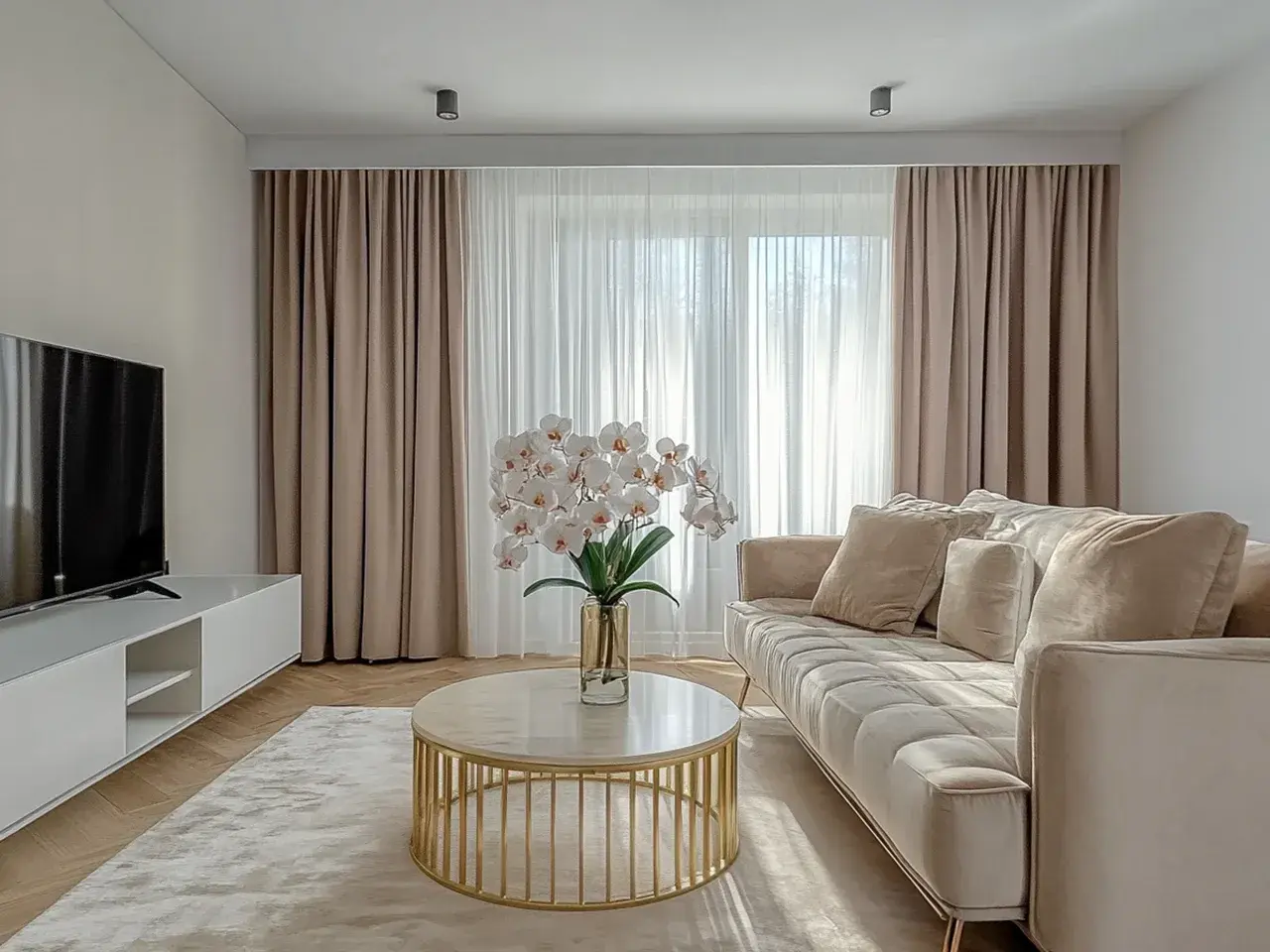 Elegancki salon z zasłonami na karniszu sufitowym z maskownicą, jasną kanapą i stolikiem kawowym.