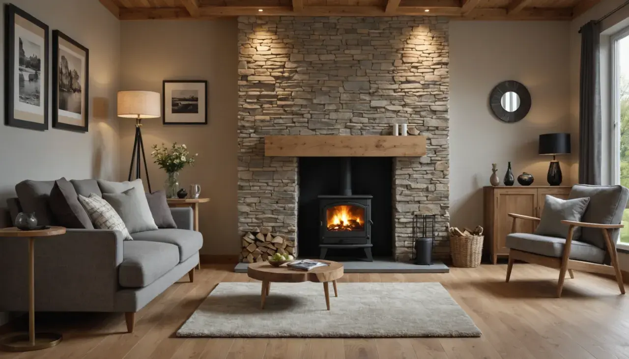 Gemütliches Wohnzimmer mit Kaminofen, davor ein Couchtisch. Die Steinwand hinter dem Kaminofen ist mit einer Holz-tapete hinterlegt.