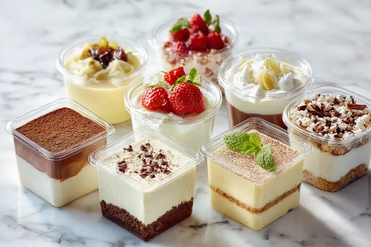 Różnorodne desery w opakowaniach na monoporcje: tiramisu, mus czekoladowy, sernik, jogurt z owocami i inne słodkości.