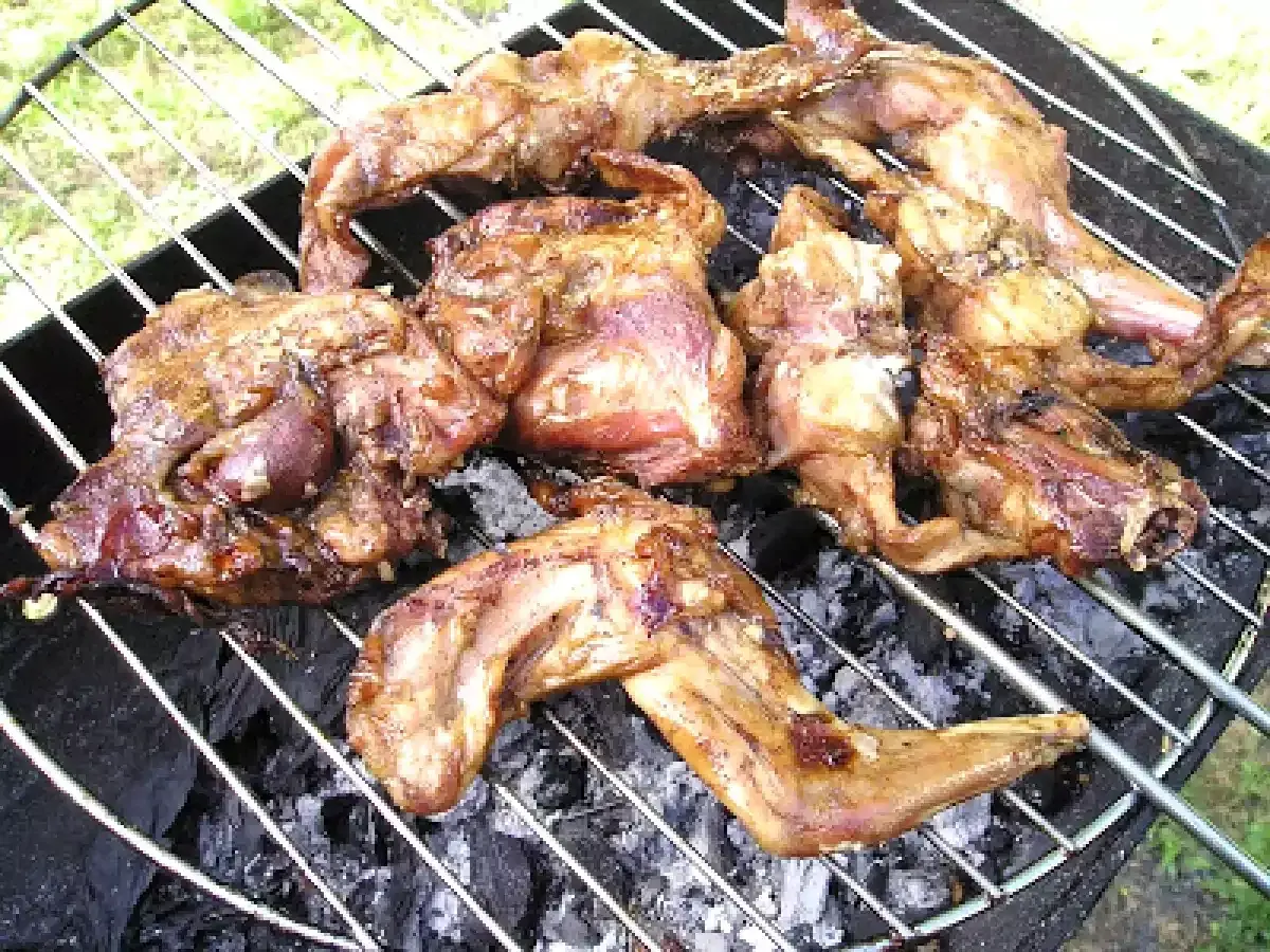 Plusieurs morceaux de lapin barbecue grillent sur un feu de charbon de bois. La viande est dorée et appétissante.