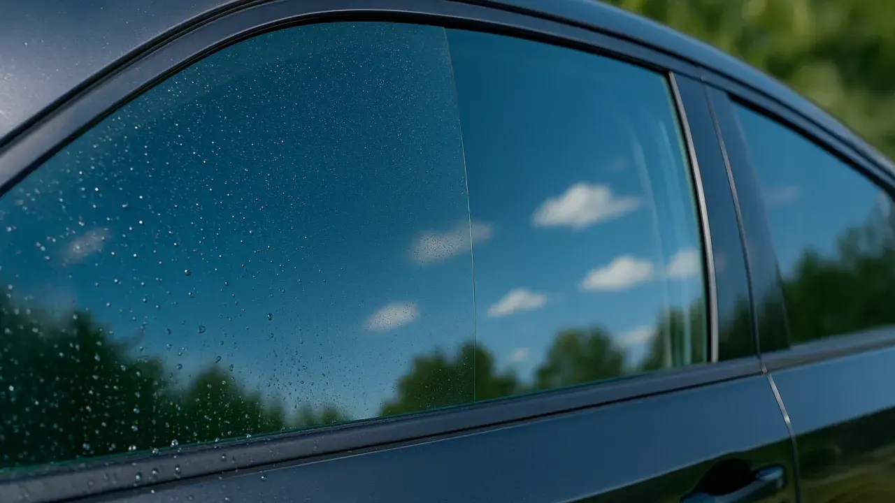 Gocce d'acqua sul vetro dell'auto, un invito a pulire vetri per un cielo terso e riflessi perfetti.