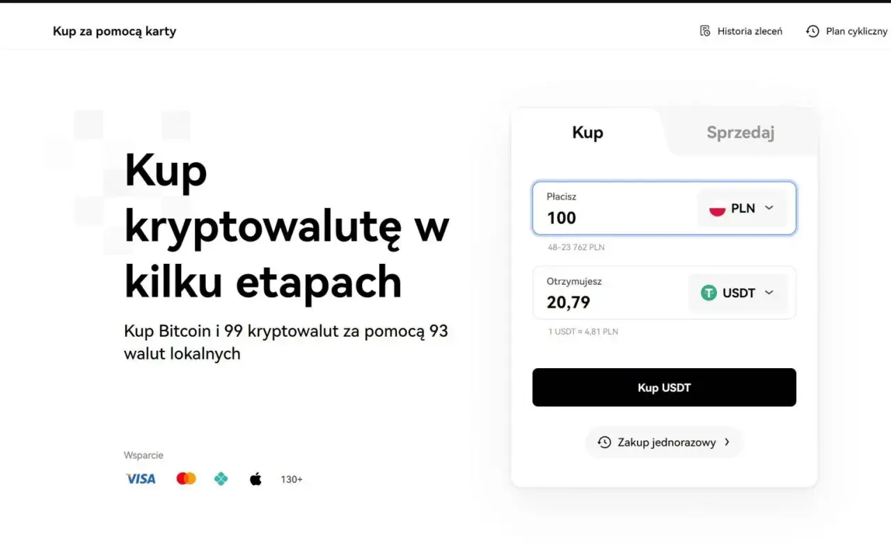 Interfejs giełdy kryptowalut OKX z opcją zakupu kryptowalut za PLN.