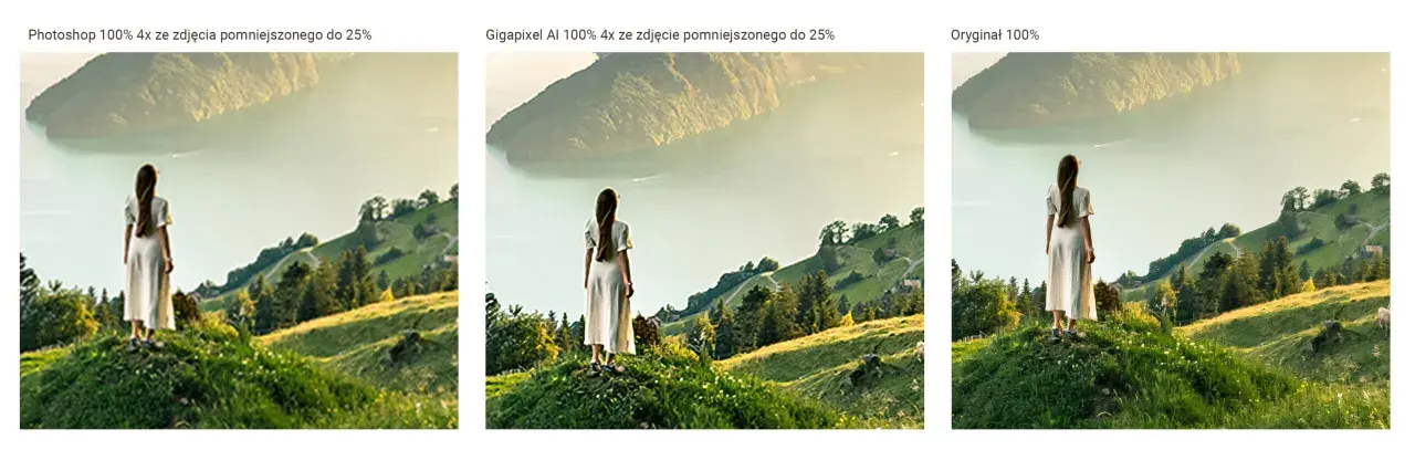 Kobieta w białej sukience na tle górskiego krajobrazu. Porównanie jakości obrazu po obróbce w Photoshopie i Gigapixel AI z oryginałem.