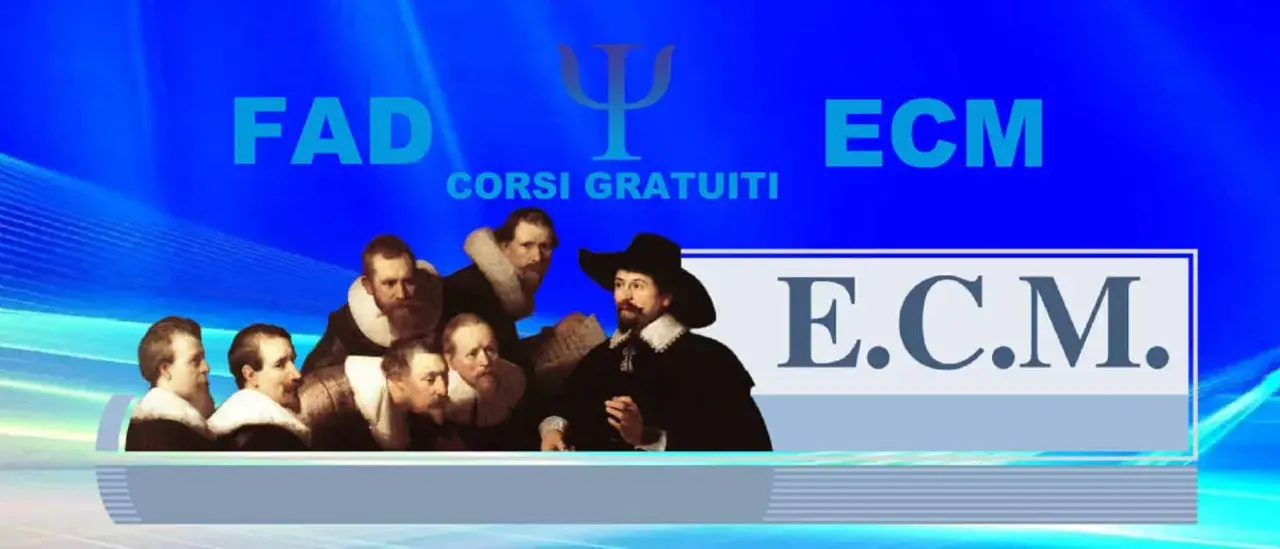 Gruppo di uomini in abiti storici, con testo "FAD" e "ECM" e simbolo psicologico. Corsi gratuiti ECM per psicologi.