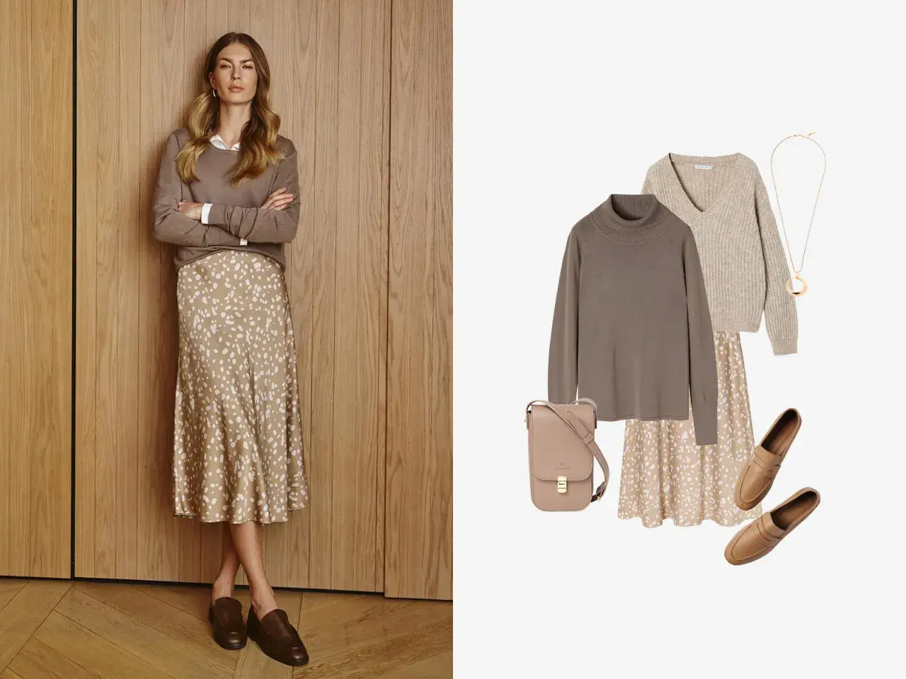 Eleganckie stylizacje boho jesień: satynowa spódnica w cętki, beżowe swetry, torebka i mokasyny.
