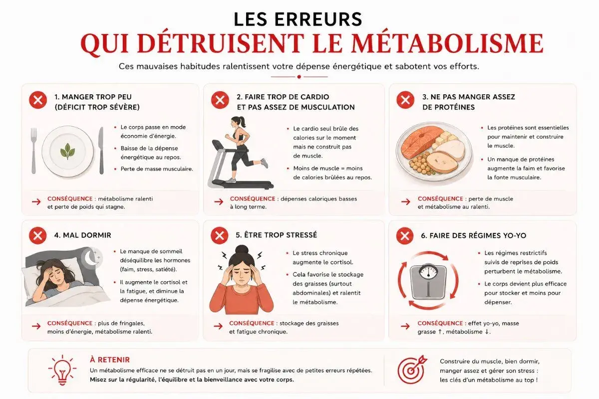 Erreurs à éviter pour ne pas ralentir votre métabolisme : manger trop peu, trop de cardio, pas assez de protéines, mal dormir, stress, régimes yo-yo.