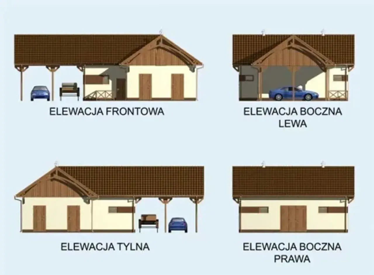 Elewacje przydomowej stajni z wiatą, dwoma drzwiami i oknami. Widać samochód i ławkę.