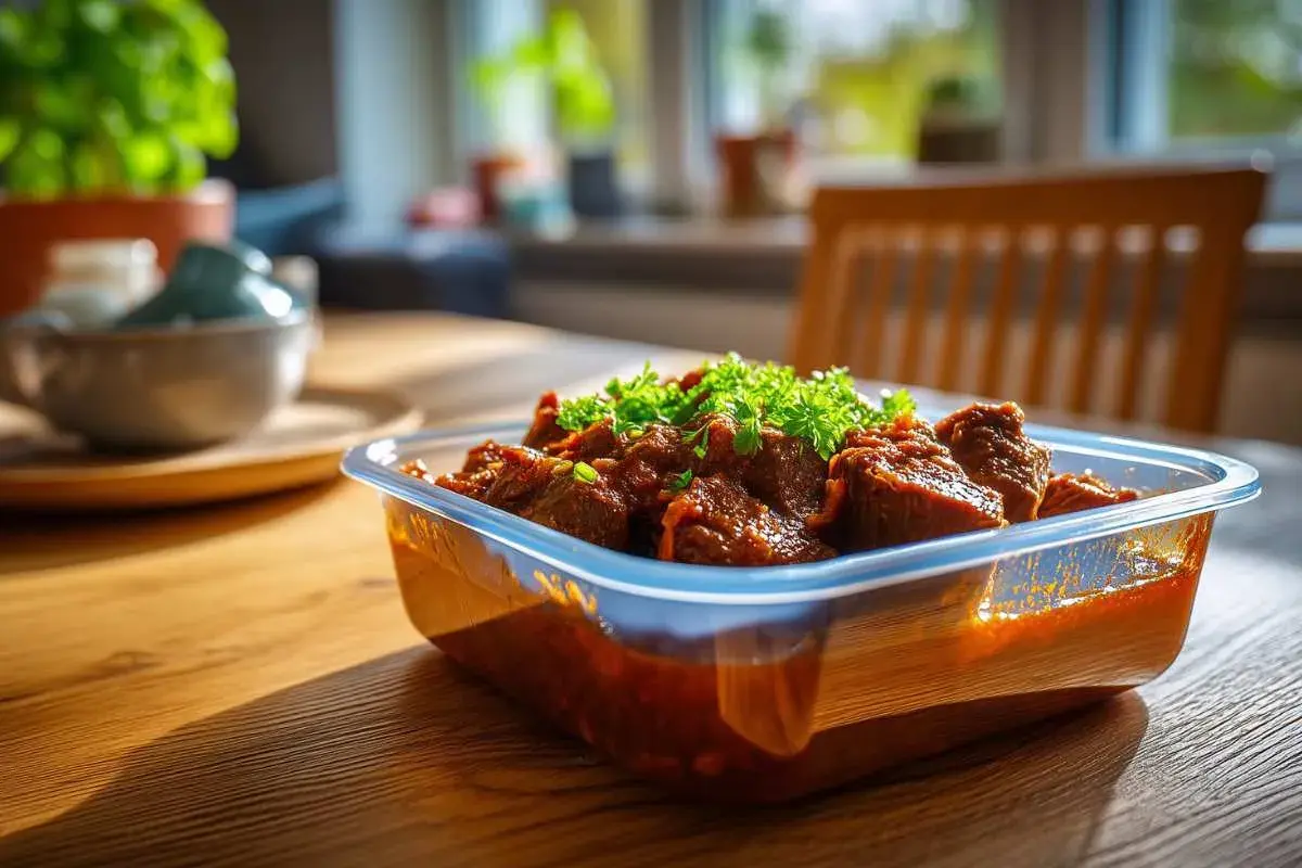 Herzhaftes Gulasch in einer Aufbewahrungsbox, bereit zum Einfrieren. So kann man Gulasch einfrieren und später genießen.