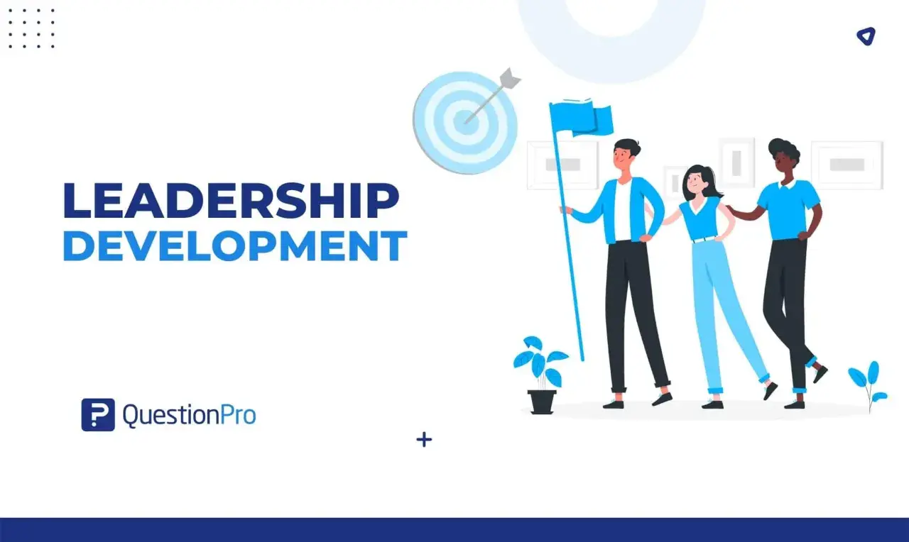 Illustration for leadership development: a team holding a flag, with a target in the background.