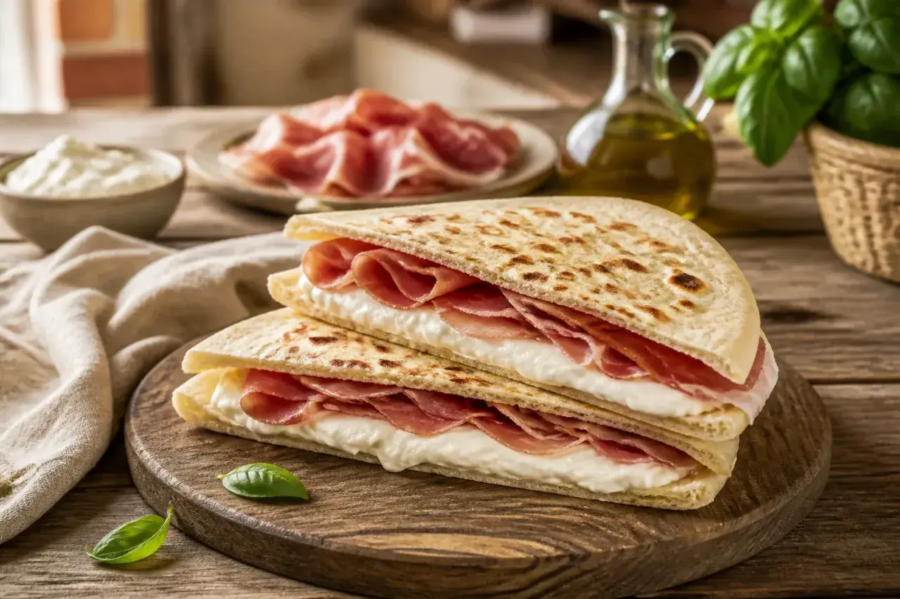 Deux piadines garnies de jambon et de fromage crémeux, prêtes à être dégustées. Une idée simple pour une recette piadina au four réussie.