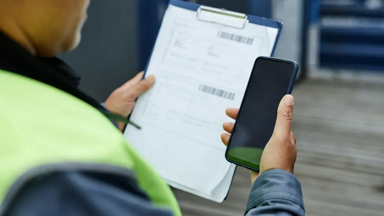 Pracownik w kamizelce odblaskowej trzyma telefon i dokumenty. Zastanawia się, czy warto złożyć skargę do PIP.