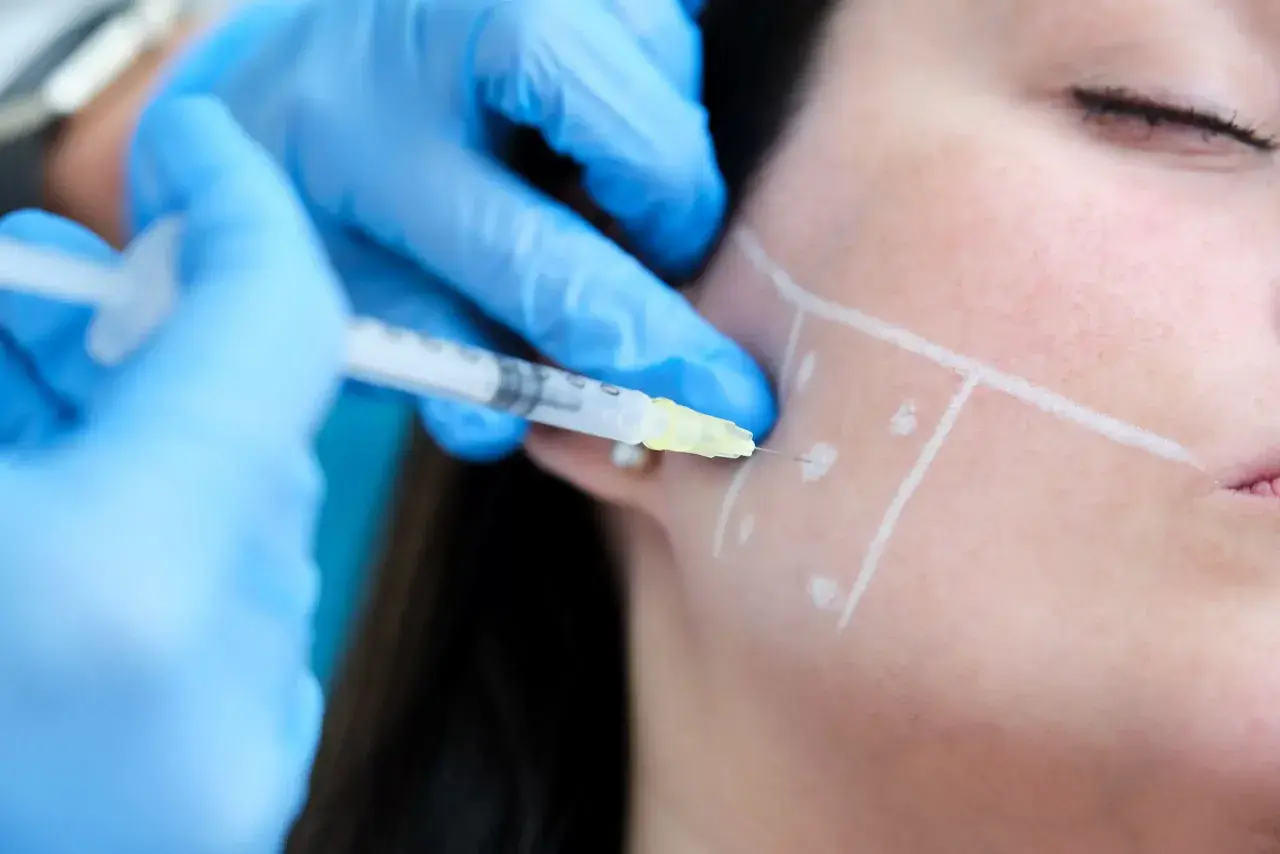 En injektion ges i käkpartiet, markerat med linjer, för masseter botox.