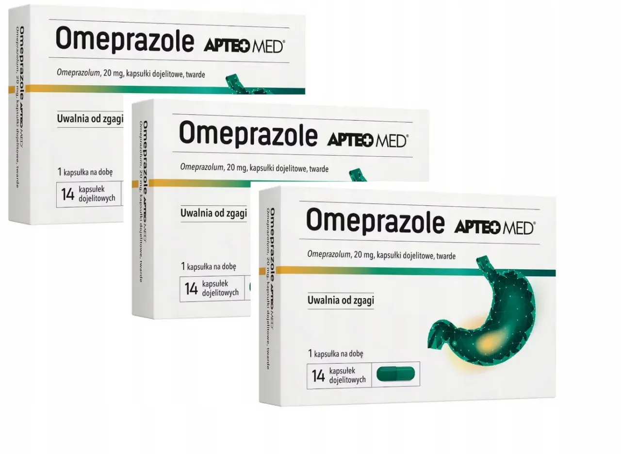 Opakowania leku Omeprazole APTEO MED, 14 kapsułek. Uwalnia od zgagi. Sprawdź mesopral cena.