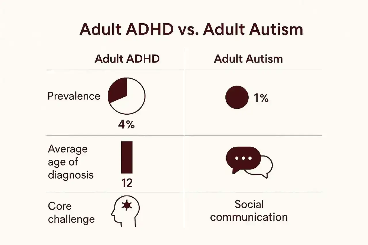 Porównanie ADHD i autyzmu u dorosłych: autyzm u dorosłych występuje u 1%, głównym wyzwaniem jest komunikacja społeczna.