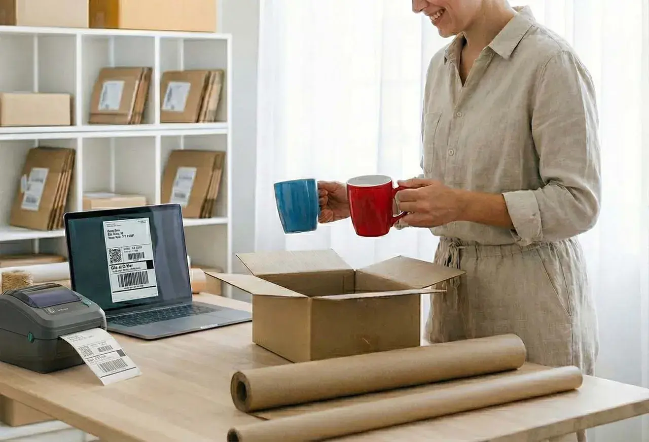 Kobieta z kubkami w rękach przygotowuje paczkę. Na biurku drukarka etykiet, laptop z naklejką i karton. To wszystko, co potrzebne, by wysłać zamówienie. SKU co to? To kod produktu.