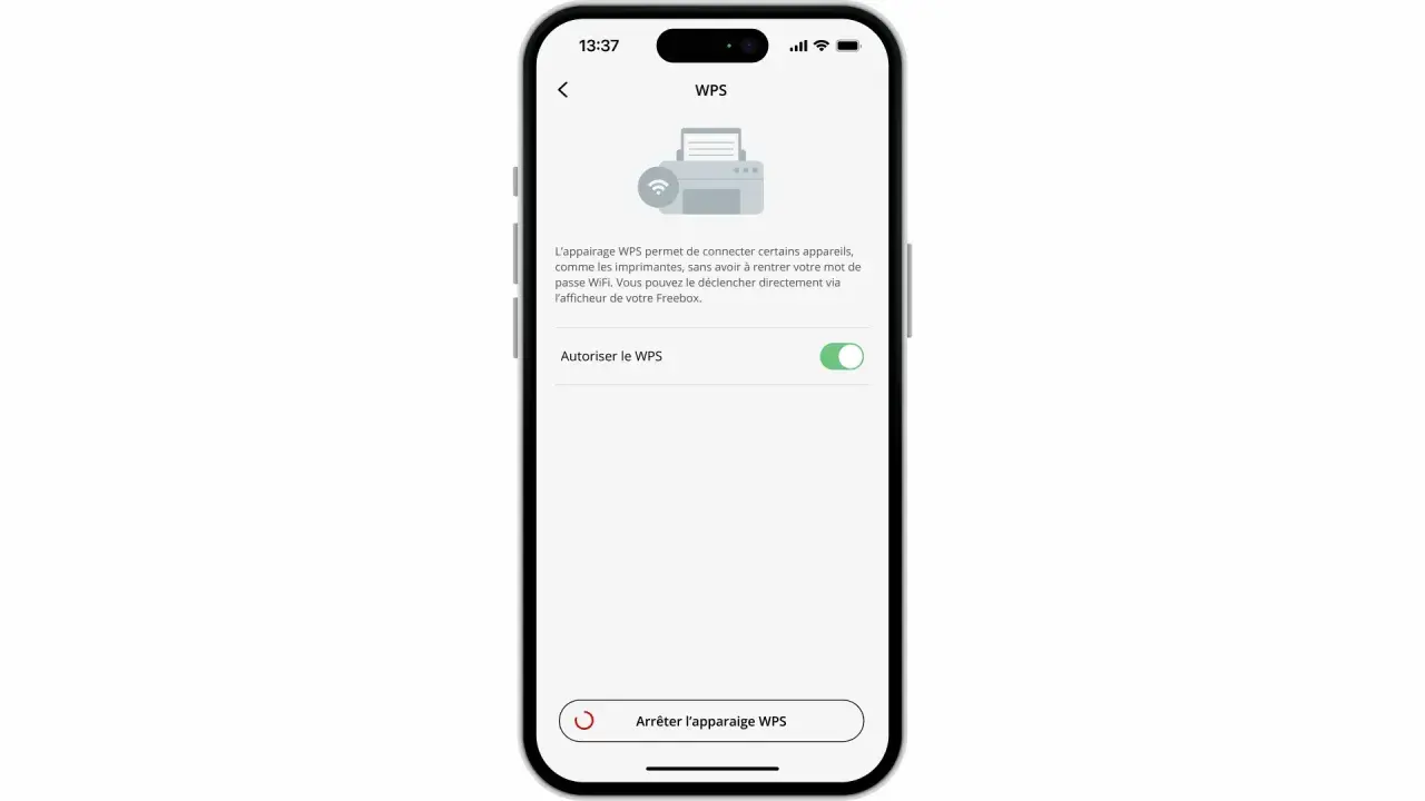 Écran d'un smartphone affichant les paramètres WPS. L'appairage WPS permet de connecter des appareils sans mot de passe WiFi.