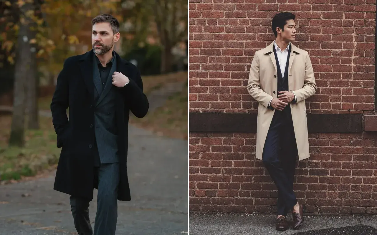 Deux hommes portant des manteaux, un noir et un beige, devant un mur de briques et dans un parc.