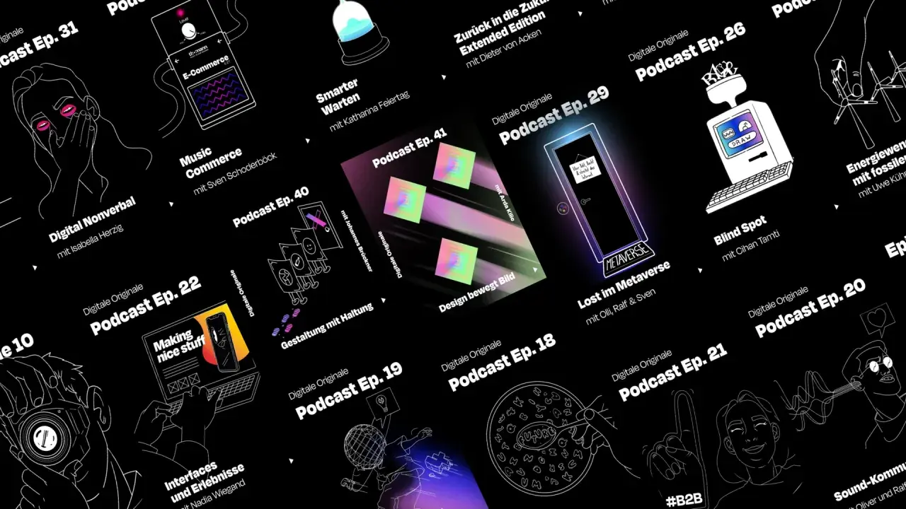 Illustrationen zu kritische medien, Podcasts und digitale Themen wie Metaverse, E-Commerce und Design.