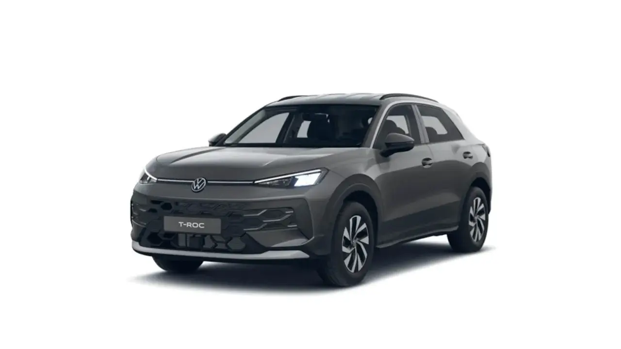 Grå Volkswagen T-Roc, en kompakt SUV. Kolla in det senaste **Volkswagen T-Roc pris** för denna snygga bil.