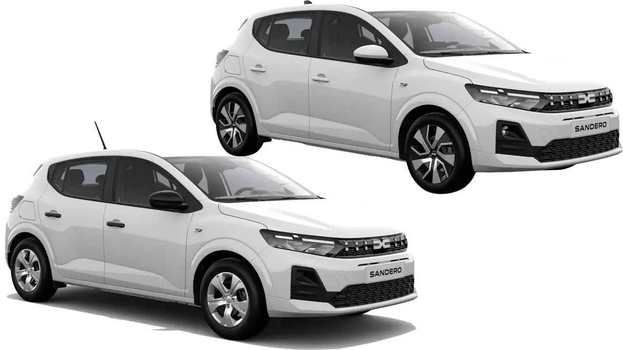 Dwa białe samochody Dacia Sandero 2025, jeden z przodu, drugi z boku, prezentują nowoczesny design i praktyczność.