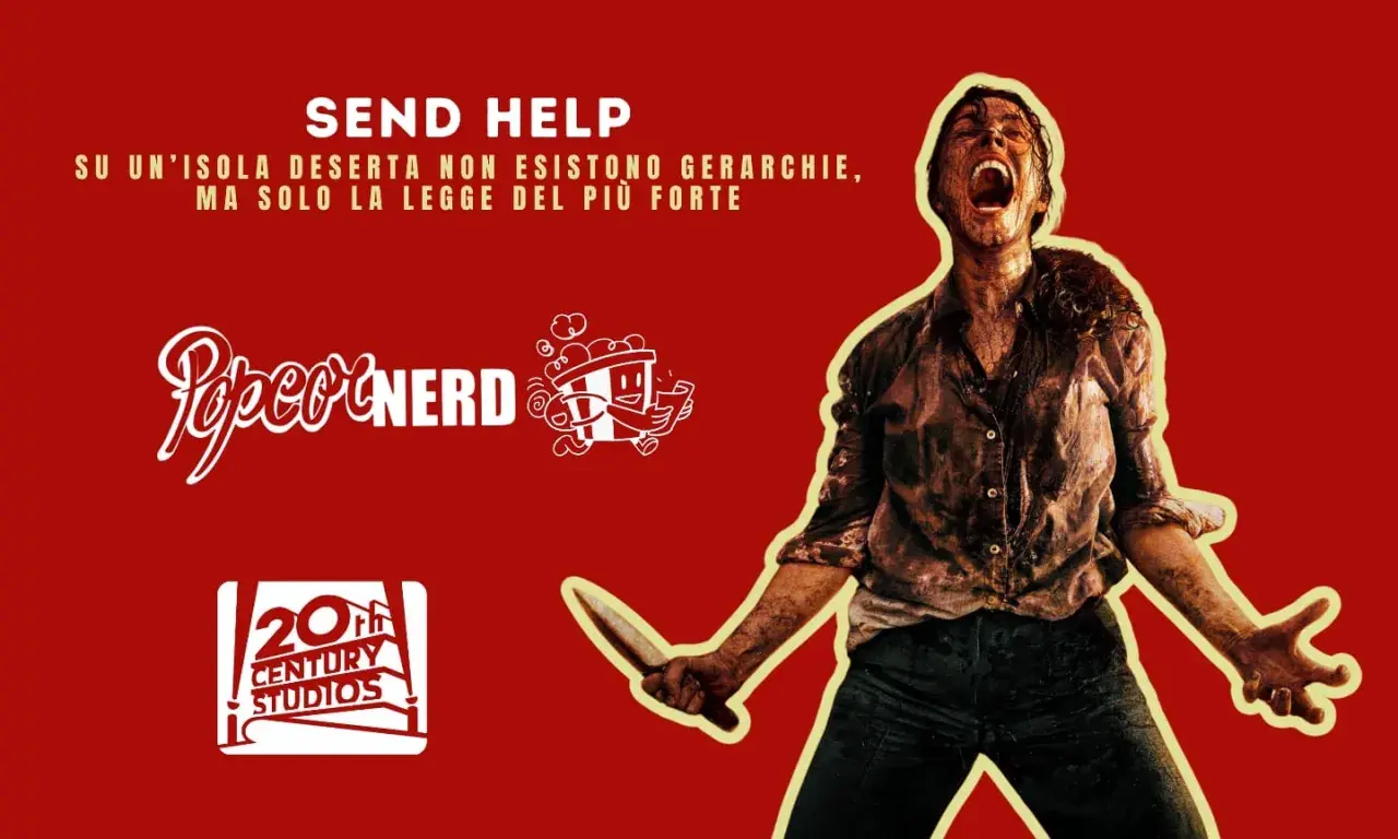Un uomo urlante con un coltello, ispirato ai monologhi film famosi, su sfondo rosso con loghi Popcorn Nerd e 20th Century Studios.