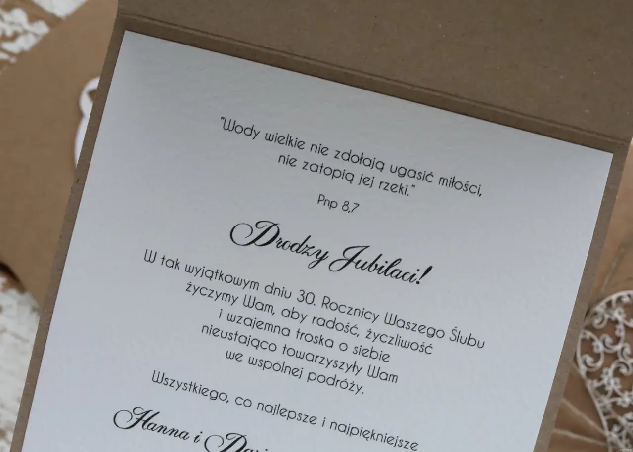 Życzenia na 15 rocznicę ślubu. "Wody wielkie nie zdołają ugasić miłości..." - tekst na zaproszeniu dla Jubilatów.