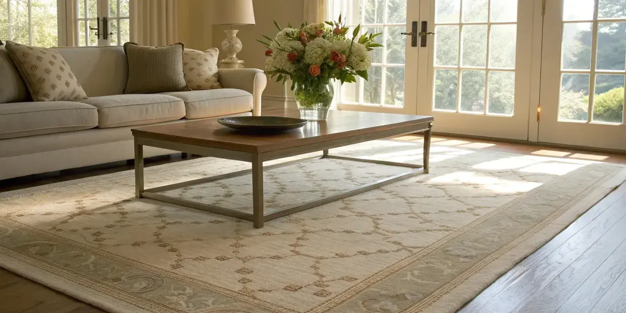 A low pile rug with a subtle geometric pattern anchors a bright living room, complementing a neutral sofa and coffee table.