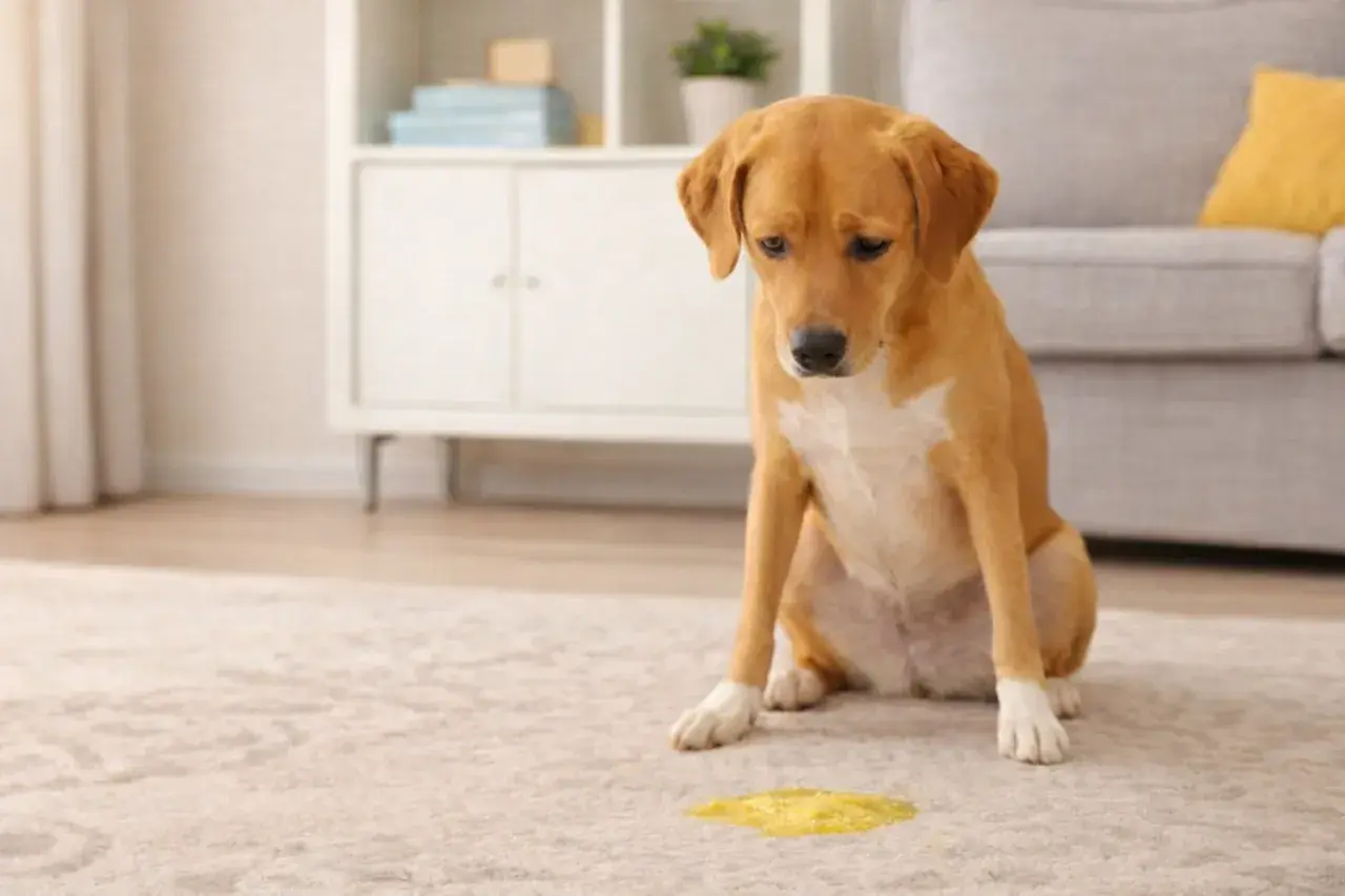 Trauriger Hund sitzt neben gelbem Fleck auf Teppich. Er hat wohl etwas erbrochen.