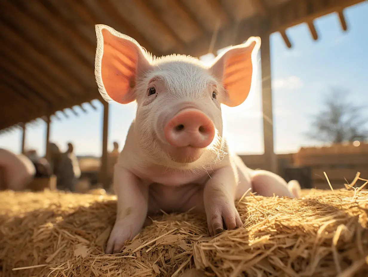 Un adorable porcelet rose, le cochon est il propre ? Il semble tout frais sur son lit de paille, sous le soleil.
