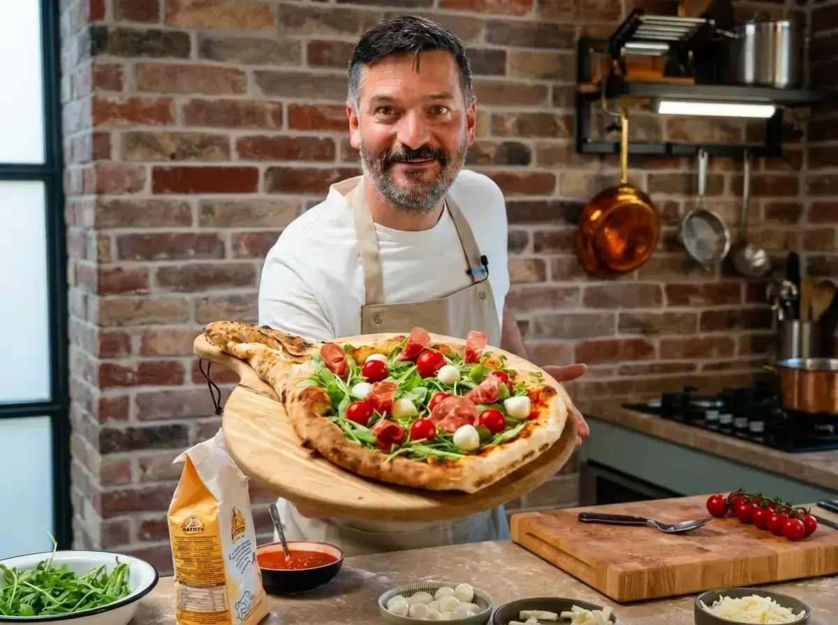 Ein Mann präsentiert stolz eine köstliche Pizza mit Rucola, Kirschtomaten und Mozzarella. Perfekt für einen gemütlichen Pizza Abend!