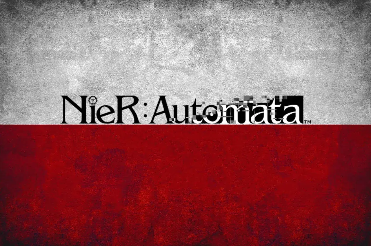 Logo Nier: Automata na tle przypominającym polską flagę. Czekamy na nier automata spolszczenie!