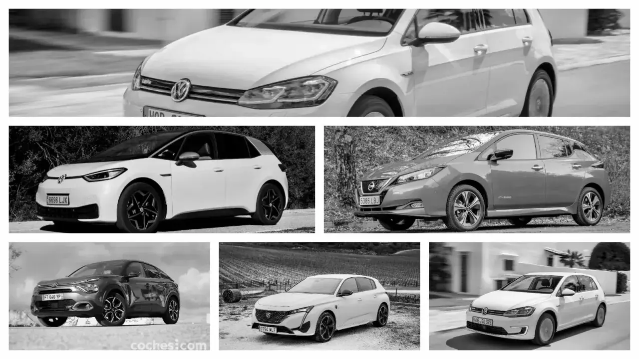 Un collage de cinco coches, mostrando diferentes modelos de hatchback. Destaca un Volkswagen Golf, un VW ID.3, un Nissan Leaf, un Citroën C4 y un Peugeot 308.