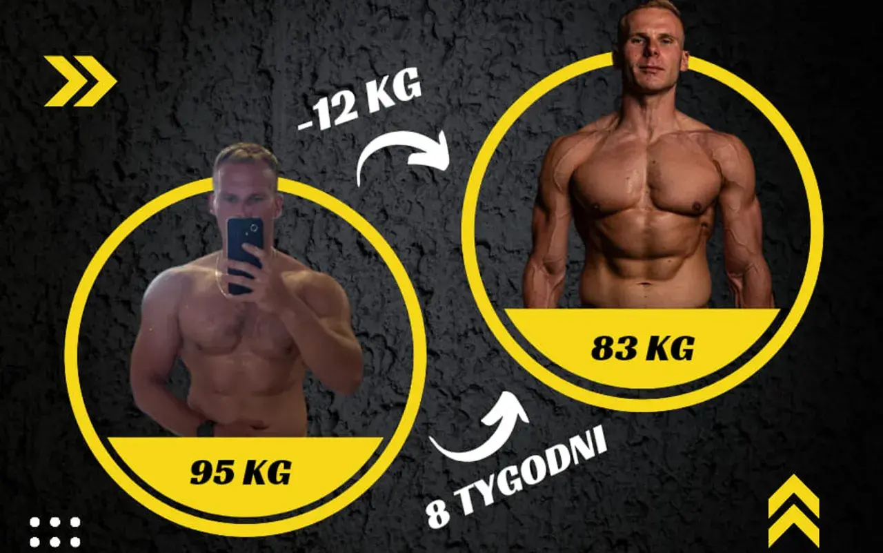 Sylwetka kulturysty przed i po 8 tygodniach treningu. Z 95 kg do 83 kg, utrata 12 kg.